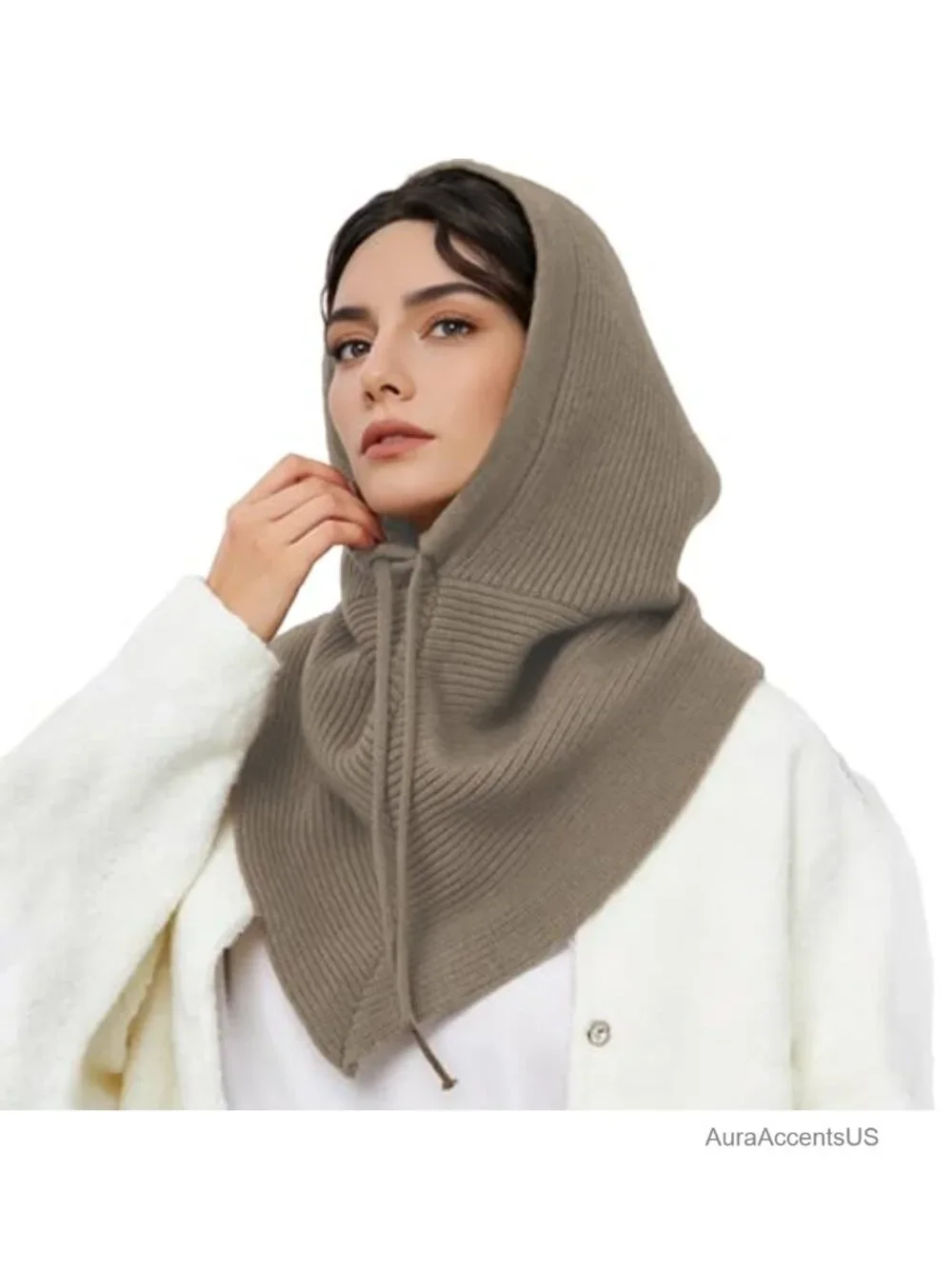 2 in 1 Hooded Scarf Balaclava Knit Hat Winter Beanie for Women